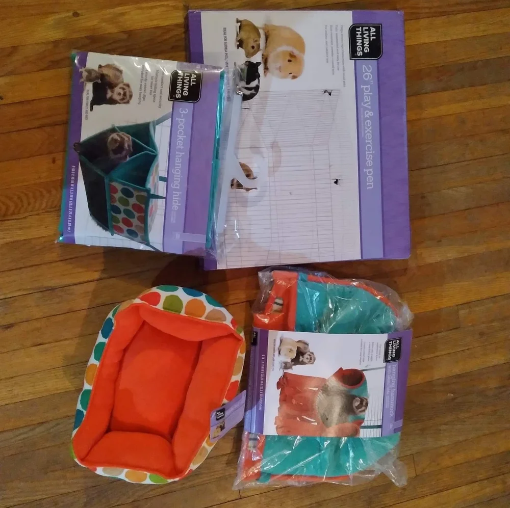 Animal supplies, cages, and food